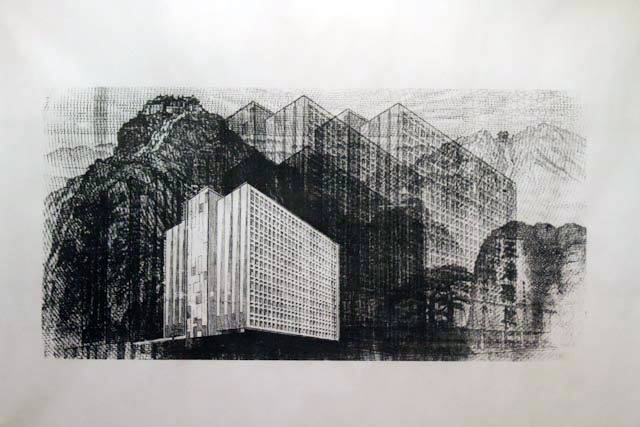 Converted Landscapes, halftone screenprint on Japanese kozo paper. Image created from combined elements found in Chinese and Costa Rican bank notes.