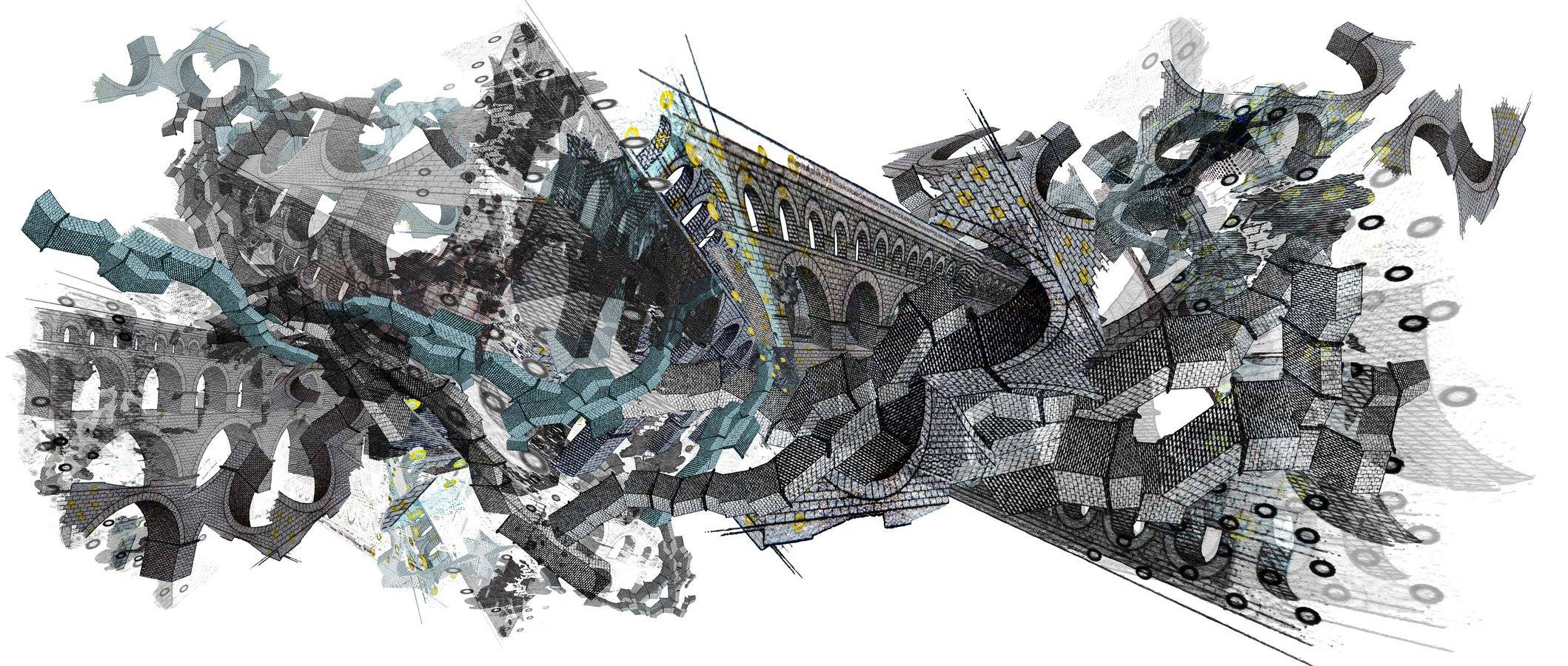 This project looks into how national symbols are surrendered to the fictional representations of the bridging of nations. The bridges and arches represented in euro bank notes do not exist as such anywhere outside of currency. They are generic abstractions, each one a stylistic synthesis of a different historical period. They show a history which never existed. In Geographies of Power I disassemble these fictional structures block by block and recombine them to form other fictional structures.