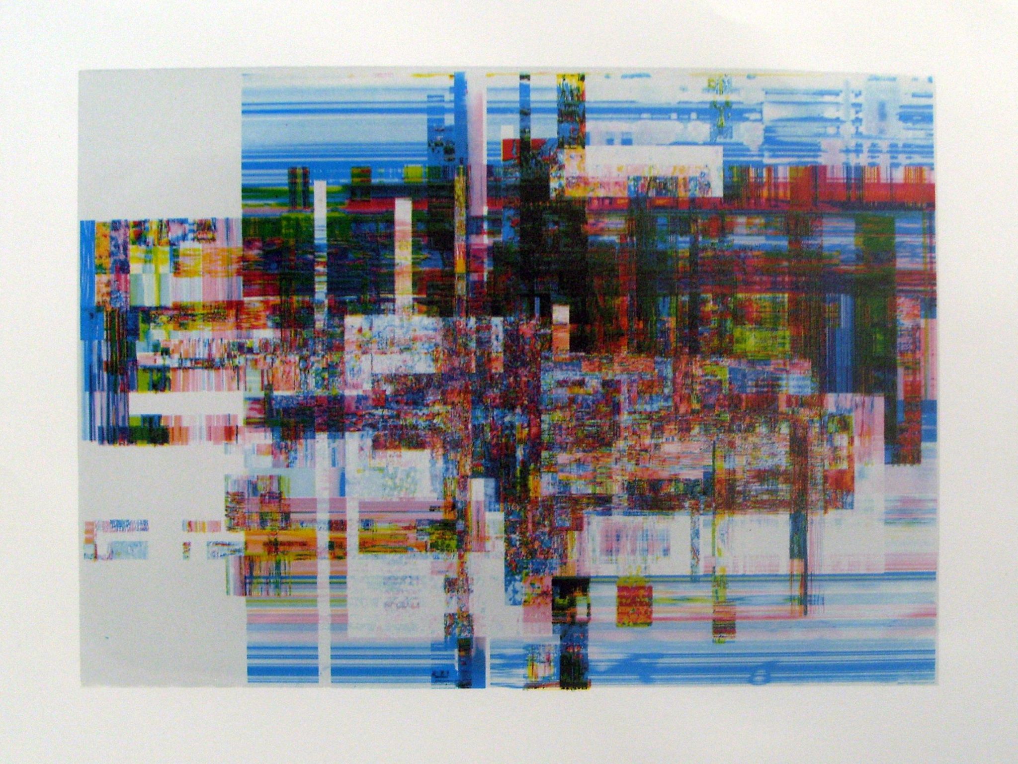 Four color separation screenprint with silver translucent layer. Image created from augmented and stretched pixels on the computer.